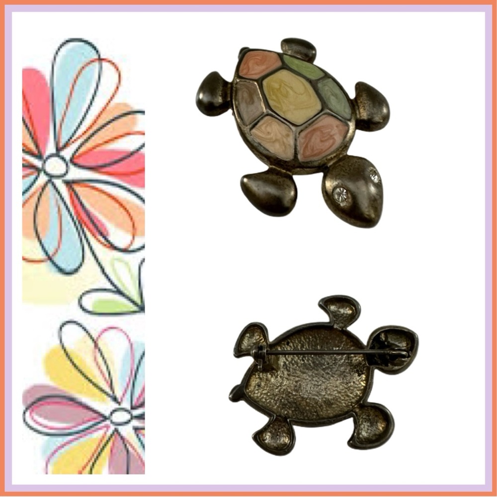 Pewter Turtle Pin.  Swirled Pastel Color Blocked Shell.  Crystal Eyes.